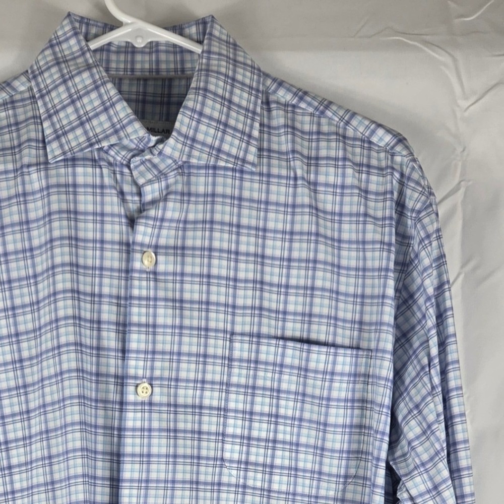 Peter Millar Mens Blue White Plaid Button Down Shirt L Stretch‎ Performance